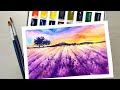 Landscape with a Field of Lavender-Watercolor Painting -Tutorial for beginner Step by Step