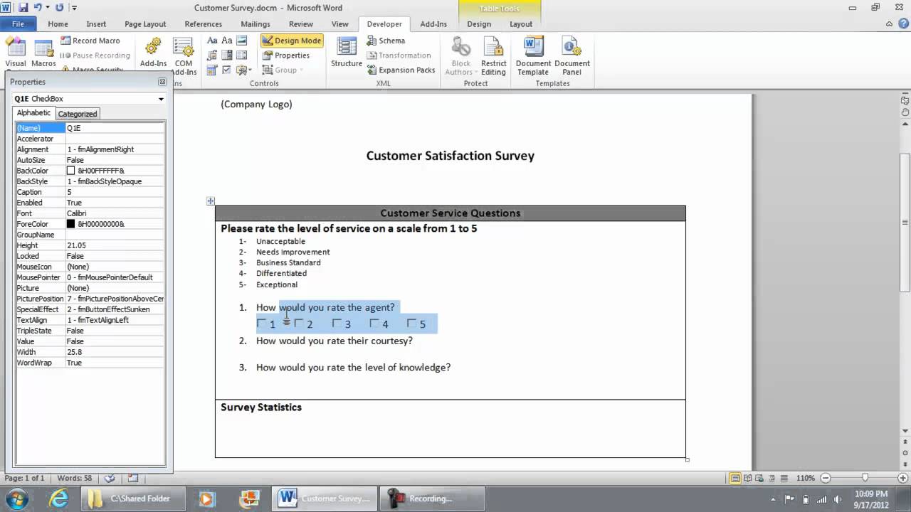 Adding Vb Activex Controls - Checklist Survey In Microsoft Word 2010 (Part 5 Of 9)