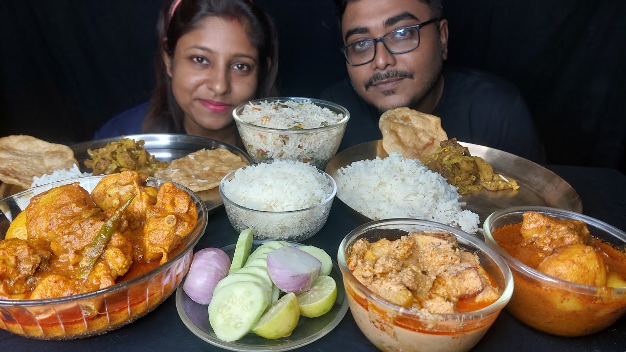 Eating Show Menu - Veg Pulao, Luchi, Spicy🔥Chicken Curry, Paneer, White Rice, Salad, Mixed Veg