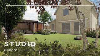 Studio Ruinard | 3D Tuinontwerp | Silent Outline | Moderne achtertuin met overkapping en sauna