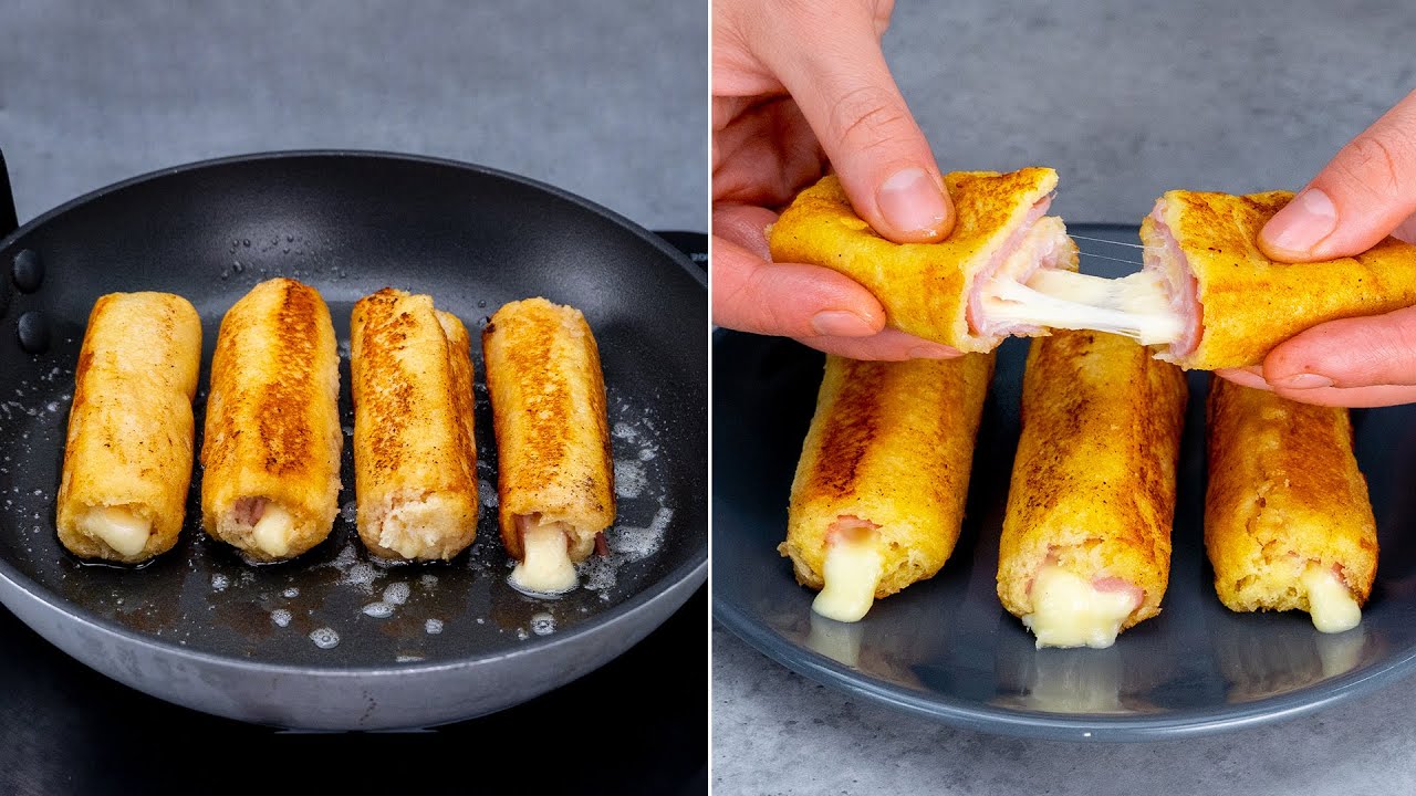 Petit pain de mie à base de pain grillé, jambon et fromage. En-cas
