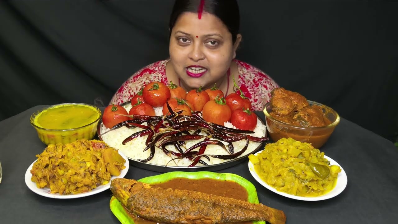 ASMR RICE TOMATO BHORTA DAL CABBAGE CURRY LOU CHINGRI SPICY RUI MACHER JAL BIG SIZE BATA FISH CURRY 