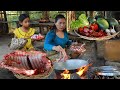 Survival skill-Cooking pork rib with special recipe of survival-Pork rib for dinner eating delicious