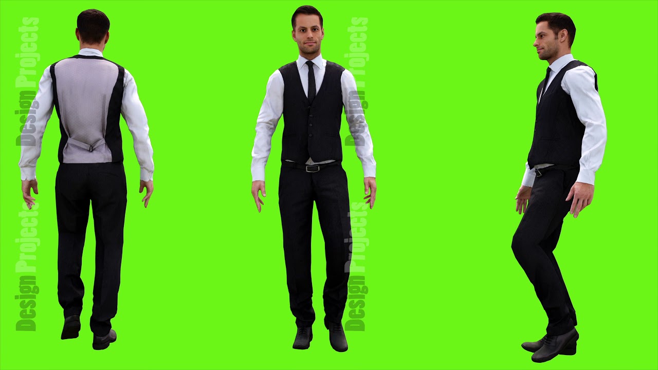 Young businessman walking on a green screen background. Looped