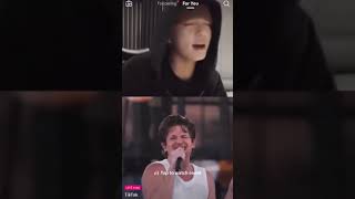 Jungkook performing left and right with Charlie Puth during his TikTokInTheMix performance via video