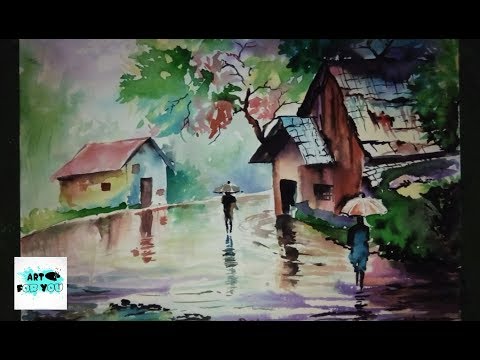 Rainy Season Drawing With Watercolor | How To Draw Scenery Of Rainy Season Step By Step | Landscape