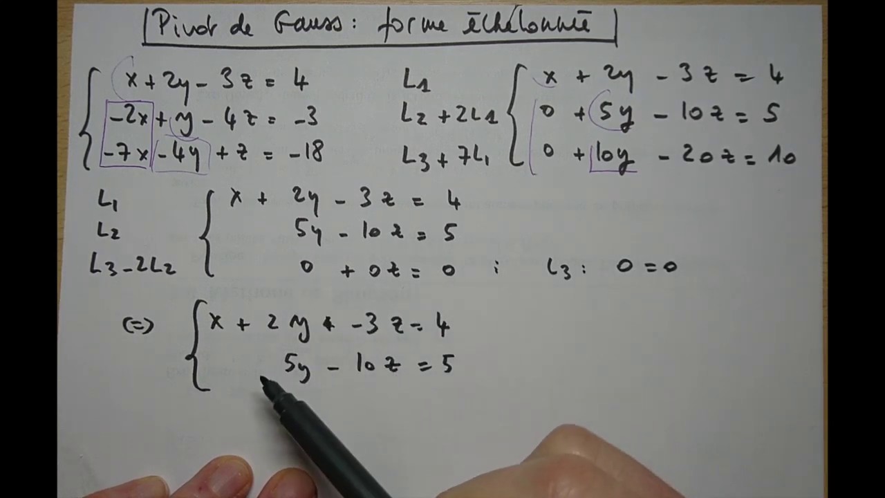 Systèmes linéaires : pivot de Gauss forme échelonnée, exemple 2 - YouTube