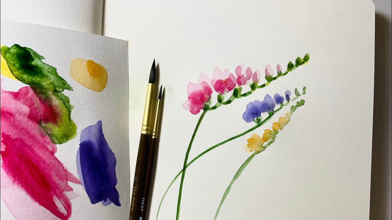 Акварель для начинающих. Как легко нарисовать цветы Фрезии. Рисование снуля - YouTube