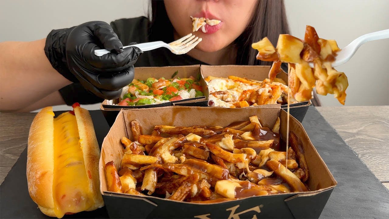 ASMR NEW YORK FRIES SAUCY POUTINE FEAST + CHEESY HOTDOG MUKBANG (No talking)