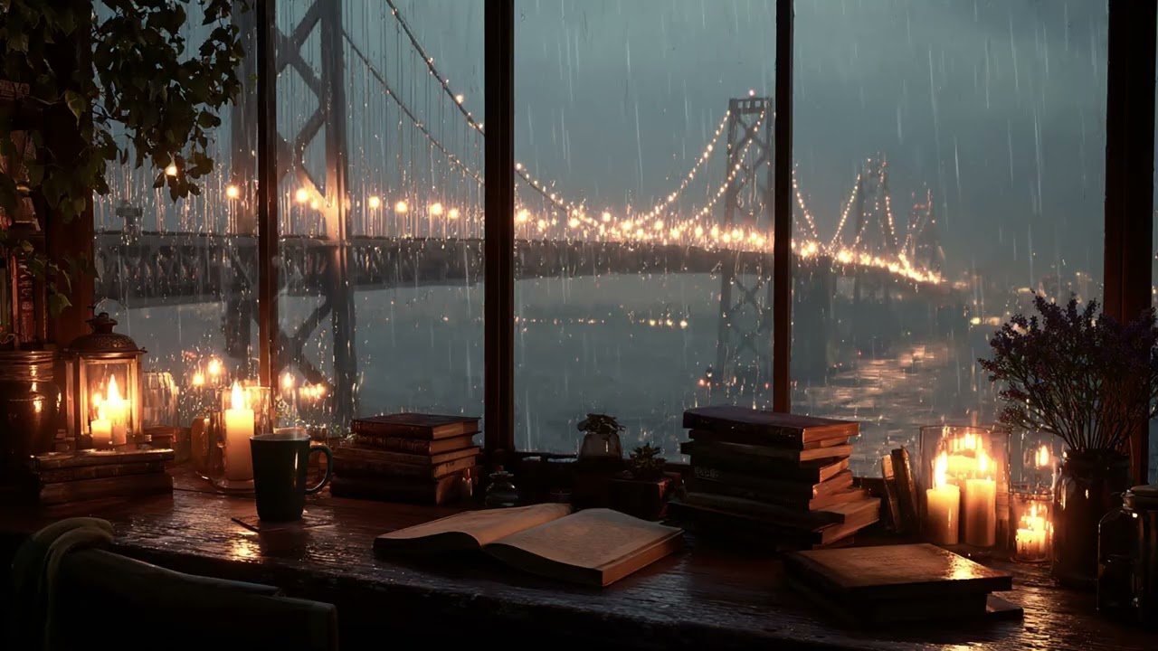 Rainy Window Café Ambience with Soft Rain Sounds and Cozy Coffee Shop Night Atmosphere
