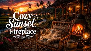 Cozy Sunset Fireplace Jazz 🌅 Relaxing Java Village Ambience for Sleep & Relaxation Profile