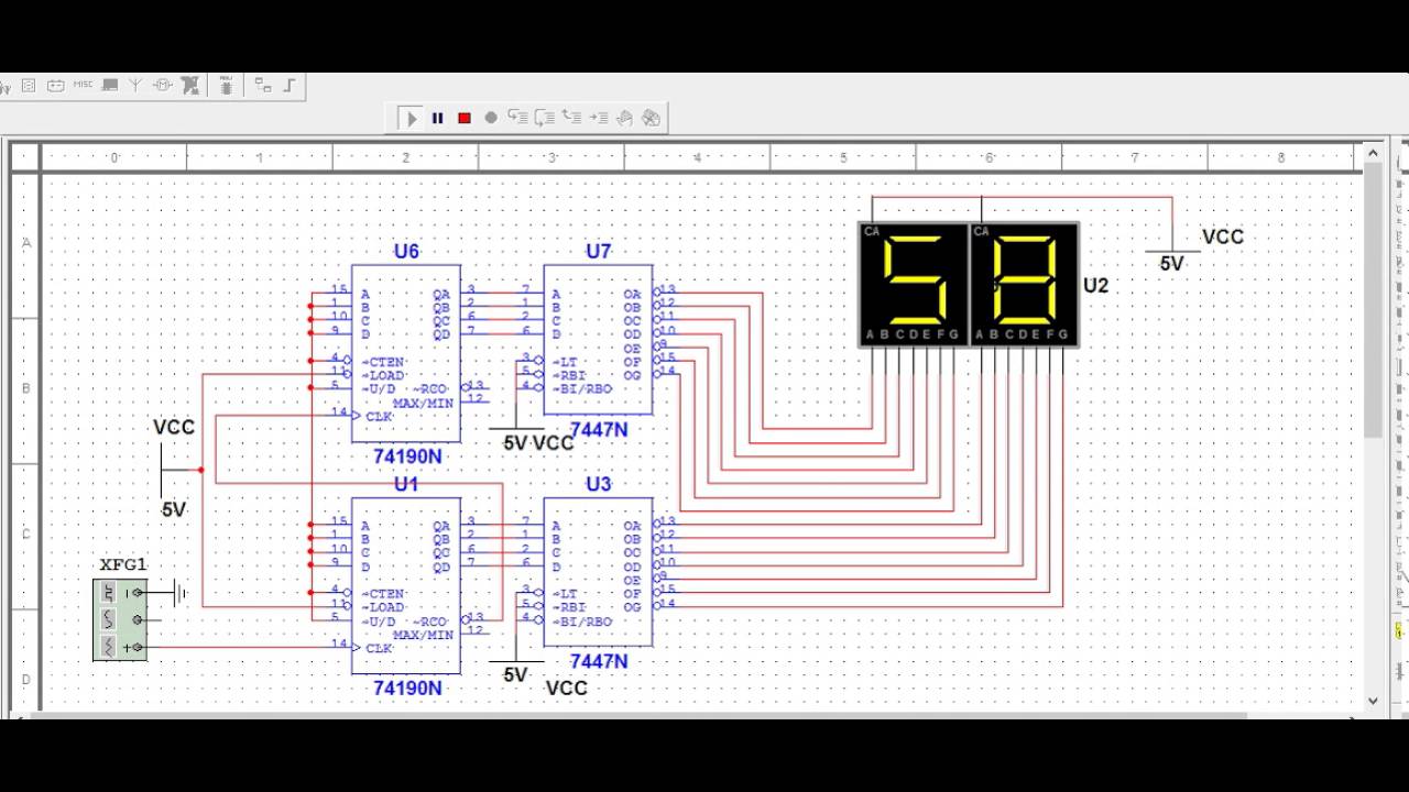 Multisim Simulation of a digital circuit that counts from 00 to 99