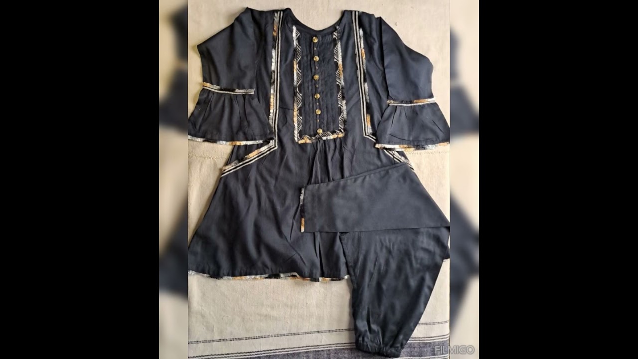 Black dress with contrast lace /black lawn frock design/plain frock design with pintex and buttons