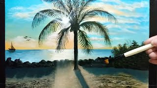 Easy and simple way  to paint a beach with coconat tree?|Oil Painting|Time Lapse|MA66