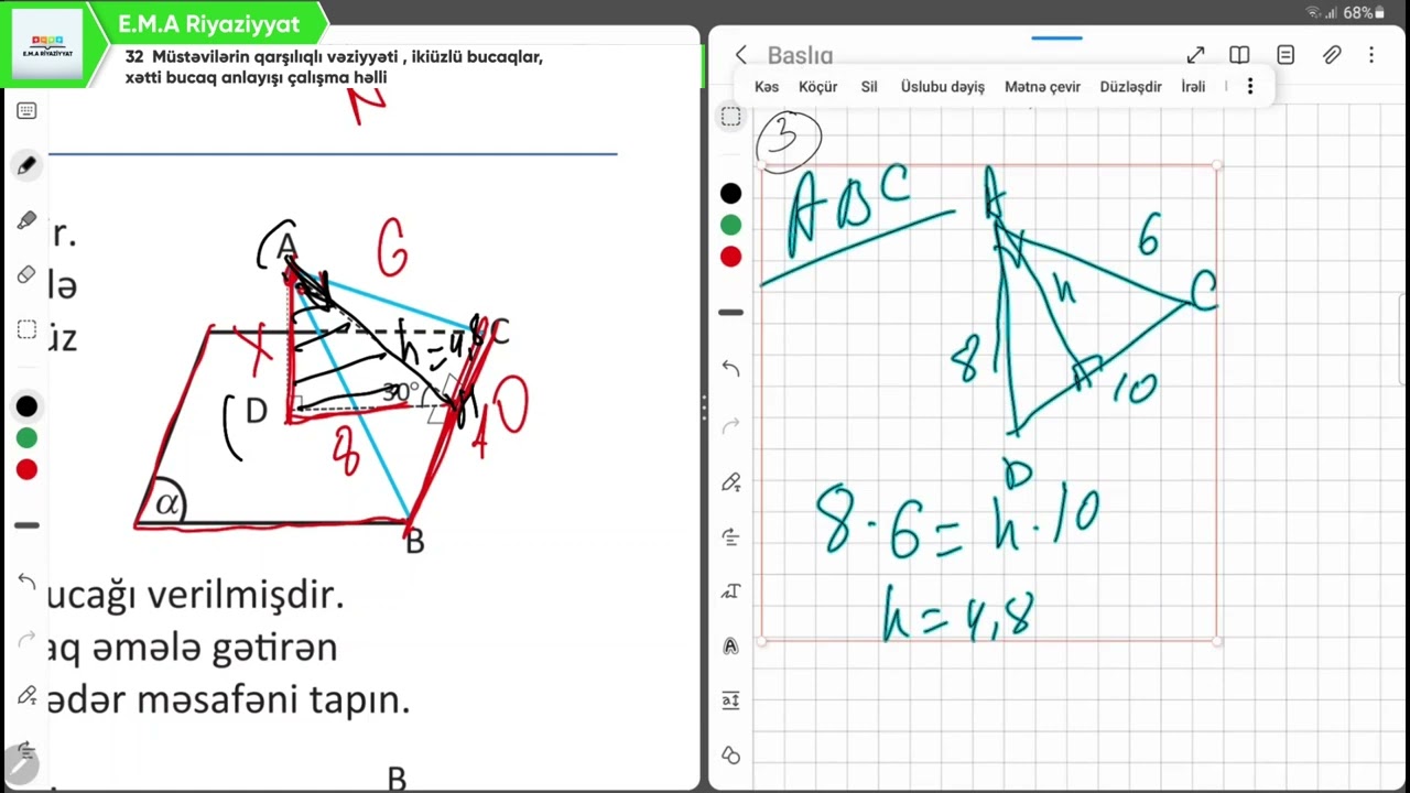 Müstəvilərin qarşılıqlı vəziyyəti, ikiüzlü bucaqlar, xətti bucaq anlayışı  çalışma həlli
