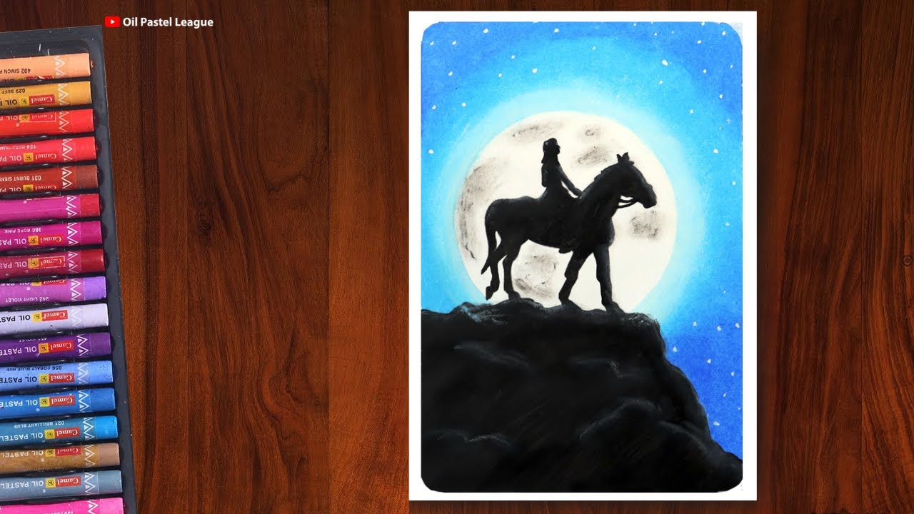 Beautiful girl on Horse Scenery drawing / Moonlight scenery with oil