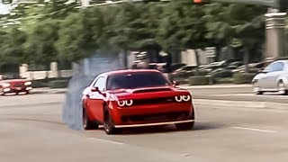Challenger DEMON Gets SIDEWAYS Leaving Cars and Coffee! - Houston Cars and Coffee September 2018