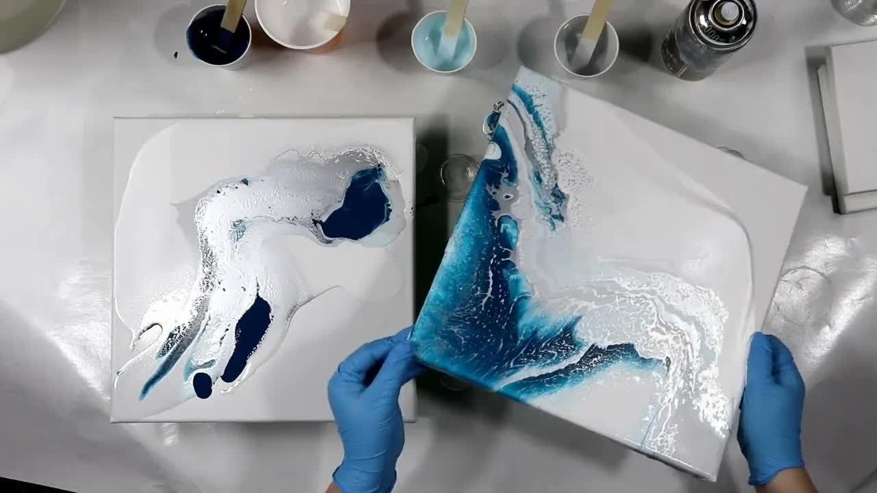 Amazing Silver and Turquoise Abstract Acrylic Pour 