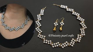 How to make zigzag beaded necklace, earrings/Grey pearl wavy necklace set tutorial/Wedding jewelry.