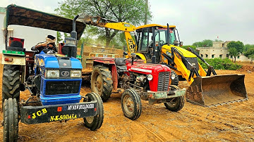 Jcb 3DX Eco Backhoe Machine Loading Compost In Trolley Eicher 380 and 2 Massey 1035 Tractors | Jcb