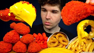 ASMR MUKBANG EXTRA CHEESY HOT CHEETOS FRIED CHICKEN, ONION RINGS & FRIES | WITH CHEESE & RANCH