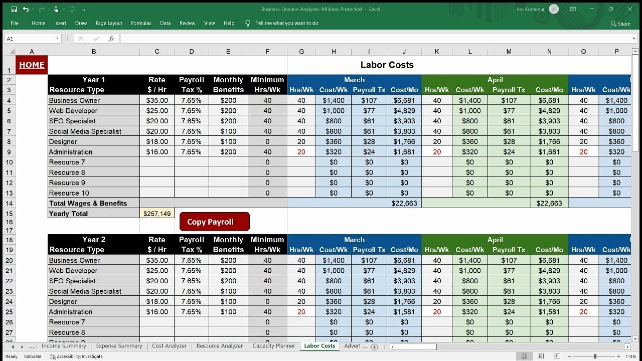 Business Finance Analyzer - Labor Costs Tab - YouTube