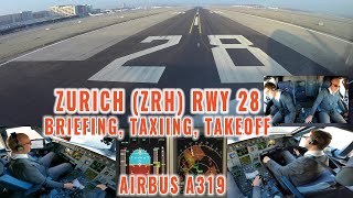 ZURICH 🇨🇭 (ZRH) | Airbus pilots + cockpit views | Briefing, taxiing, takeoff + departure Runway 28