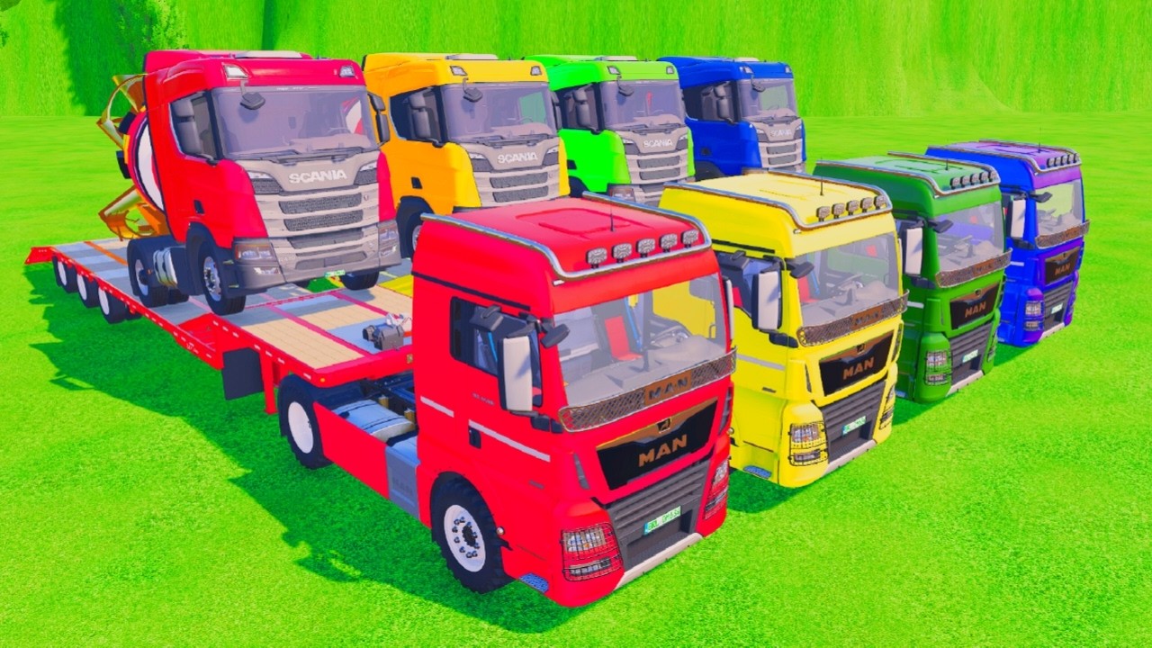 Colorful Transport! Light Up Mixer and Tractors Hauled by MAN Trucks