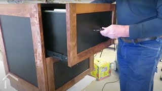 The second video about custom built office furniture that includes this unusual look. The faces for the file cabinets are made from 