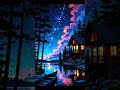 Starry Night clouds,trees,wood cabin house,water boat scene #new #shorts #youtubeshorts #viralshorts