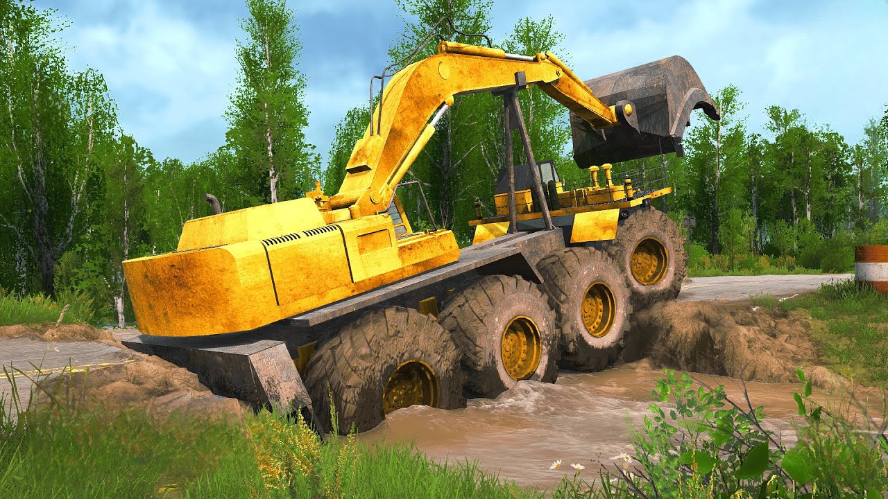 Caterpillar Truck Tries to Cross a Broken Road – MudRunner Challenge!