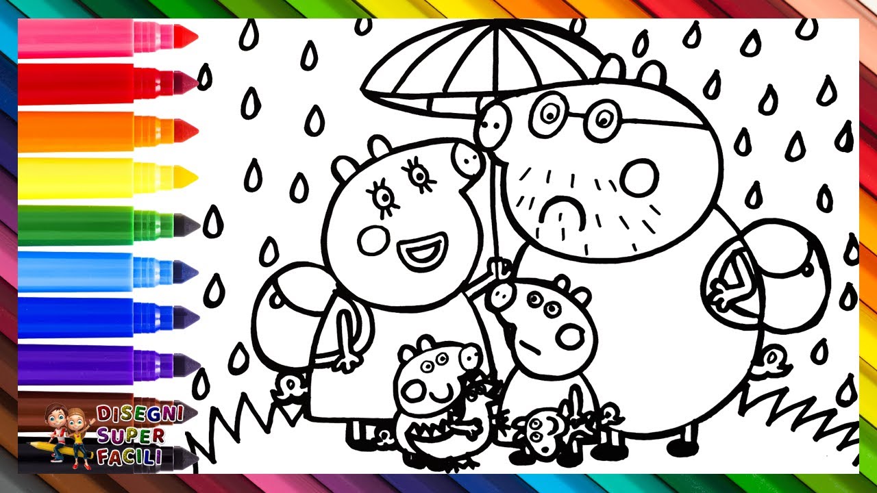 Disegnare e Colorare Peppa Pig con la Sua Famiglia sotto la Pioggia 🐷🐷🐷🐷☔🌈 Disegni per Bambini