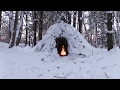 Winter Bushcraft Camp Building - Wikiup, Axe, Knife, Snow Storm