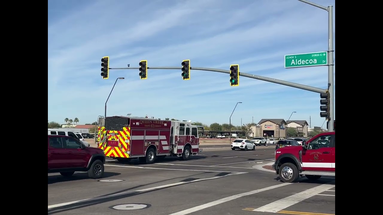 Queen Creek Fire-Medical M411 (Medic 411) leaving the station - Features E413 -12/22/25