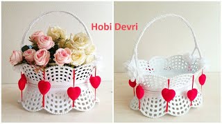 Diy Flowers Basket,Basket From Plastic Bucket,Heart Basket,Kalpli Sepet Yapılışı,Plastik Sepet Süsle