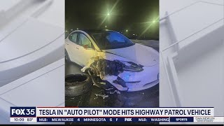 Tesla in auto pilot mode hit highway patrol vehicle