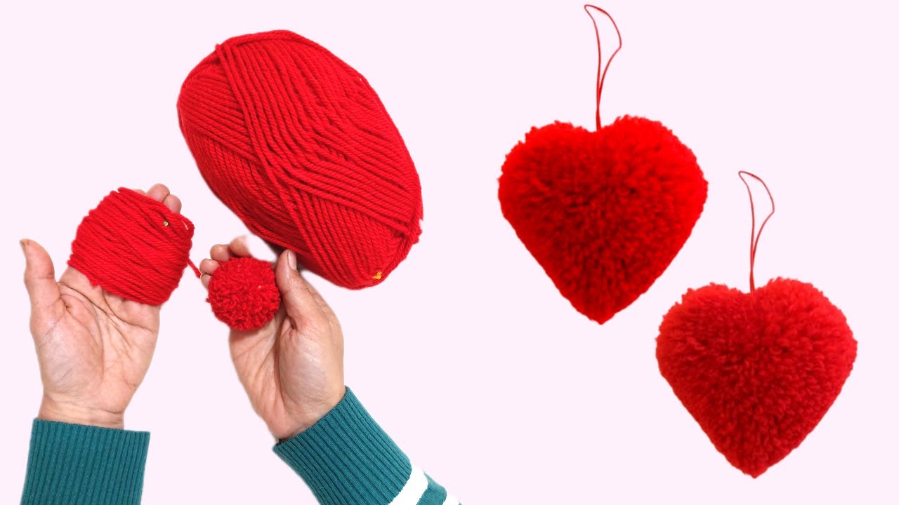 Super EASY pom pom Heart making idea with FORK/Valentines DAY GIFT idea2023/Diy yarn HEART/DIY