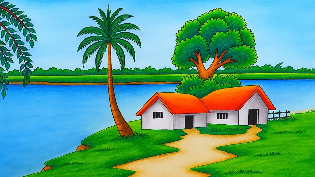 How to Draw Beautiful Village Scenery with River \u0026 House | Easy Drawing for  Beginners, image size:1280x720