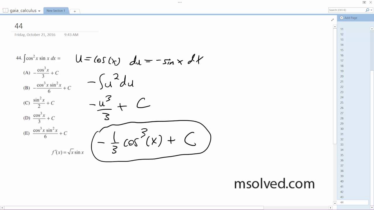 Integrate cos^2(x) * sin x dx = cos^3(x)/3 + C YouTube