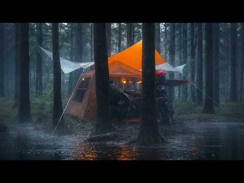 هروب مطر هادئ تخييم مريح تحت أمطار ليلية غزيرة ورعد خفيف بعيد