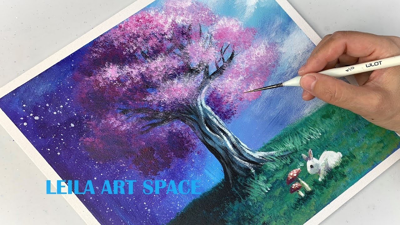 Day and Night Scenery Painting Tutorial, Cherry Blossom Tree Painting ...