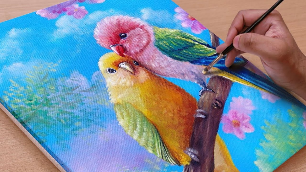 Painting a Sweet Parrot Couple / Acrylic Painting / STEP BY STEP #55