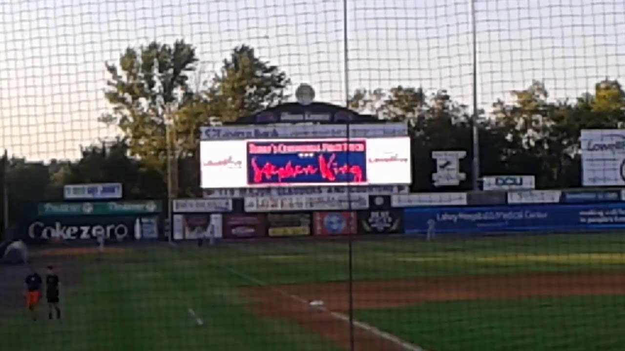 Stephen King throws the first pitch at the Lowell Spinners game (for a