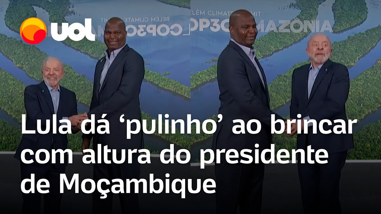 Lula brinca com a altura do presidente de Moçambique e dá 'pulinhos' para alcançá-lo durante COP30