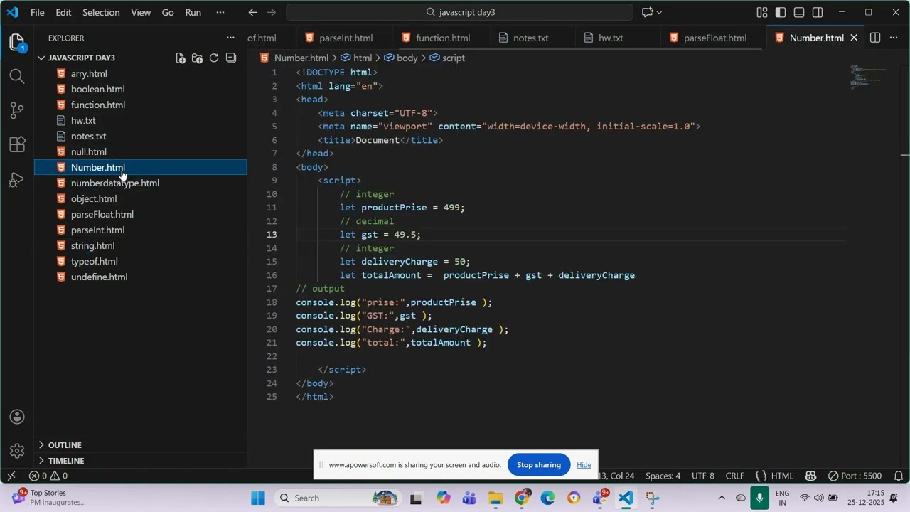 JavaScript Day 3 Tutorial | Data Types in Hindi | parseInt, parseFloat, Number, typeof Explained