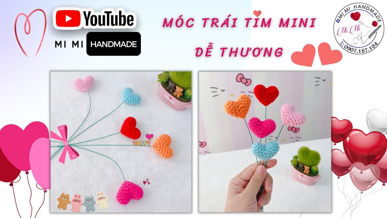 Móc Trái Tim Mini Bằng Len - Làm Móc Khoá, Cành Hoa & Treo Nôi | Crochet Mini Heart | Mimi Handmade
