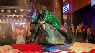 Girl In Green Beautiful Dress Riding On A Bull In Benidorm | Bull Riding 4K