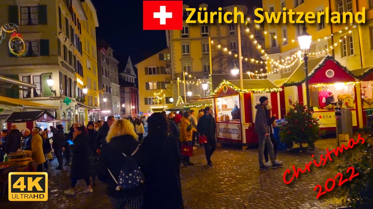 Christmas lights and markets in Zürich Grossmünsterplatz and Altstadt November 2022【4K