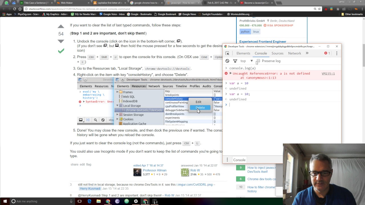 Please advise on how to delete console history in google chrome feb 6
