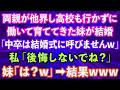 【スカッとする話】両親が他界し高校も行かずに働いて育ててきた妹が結婚。妹「中卒の姉は結婚式に来るな。低学歴とは金輪際関わらないw」私「後悔しないでね?」妹「は?」結果